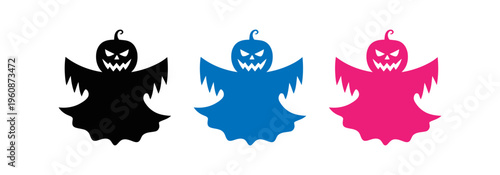Three stylized jack o lantern silhouettes in black, blue, and pink colors