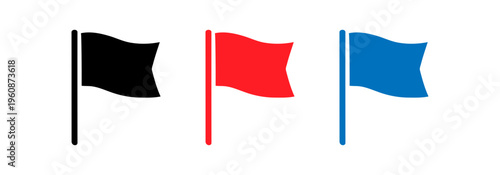 Flags on poles in black, red, and blue colors