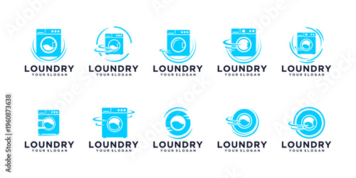 Modern laundry logo collection featuring washing machine icons, ideal for laundromat branding, cleaning services, and garment care companies.