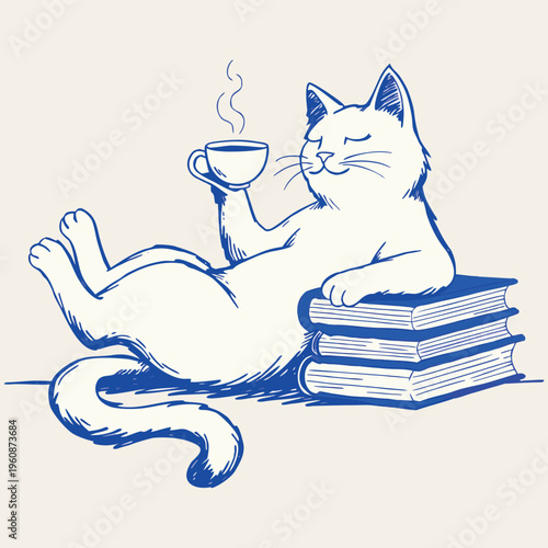 A cute black feline silhouette and a funny cartoon kitten with a book and a mouse create a fun vector illustration art design for domestic pet lovers.