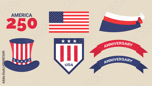 America 250 Anniversary Vector Set with USA Flag, Patriotic Hat and Ribbons. Clean minimal style perfect for Independence Day, national events.