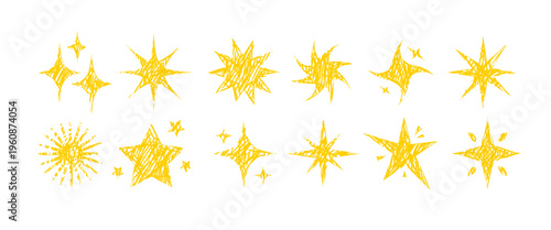 Hand drawn star doodles with sparkle and twinkle effects. Playful crayon and chalk style elements for kids design and magical space themes.