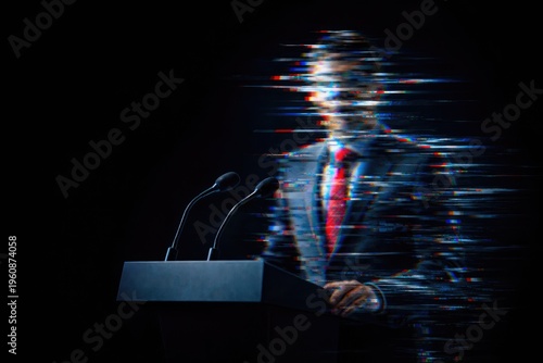 Glitch effect businessman speaking at podium with microphones