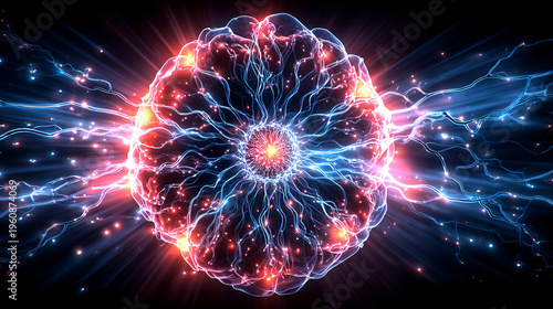 Abstract Brain Illustration with Electric Signals and Energy Flow