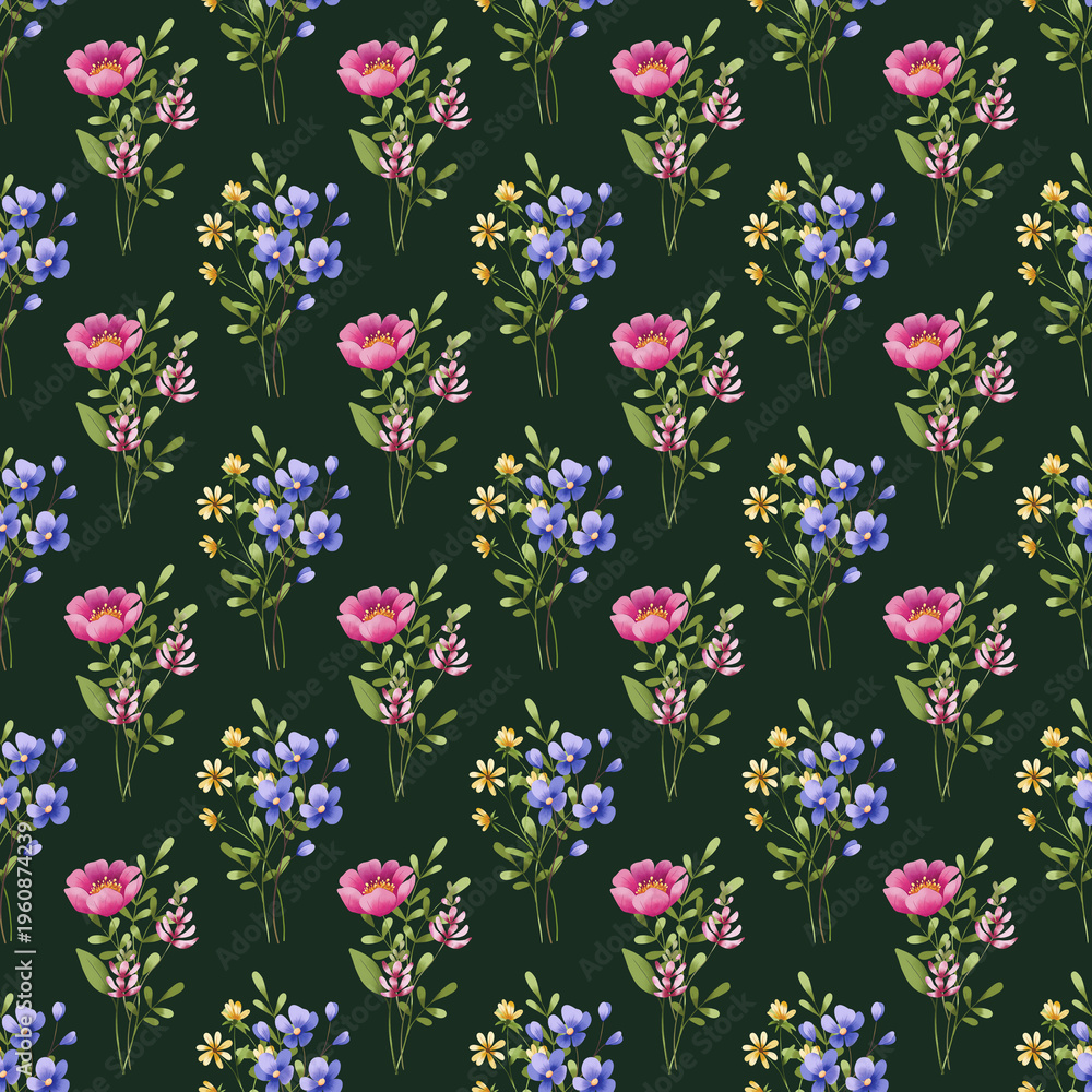 Fototapeta premium Seamless dark green pattern with flowers and leaves, repeating paper, background. Floral backdrop for textile, fabric, wallpaper. Hand drawn flowers and leaf.