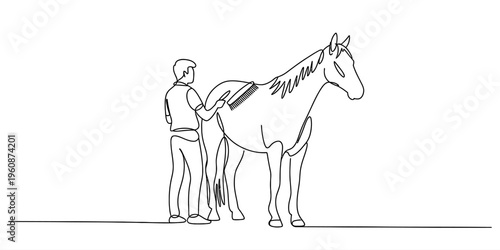 Continuous line drawing of a young man grooming a horse with a brush on its back