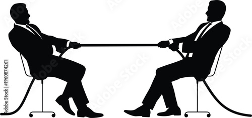 Businessmen silhouette tug of war, corporate conflict concept two men pulling rope opposite directions