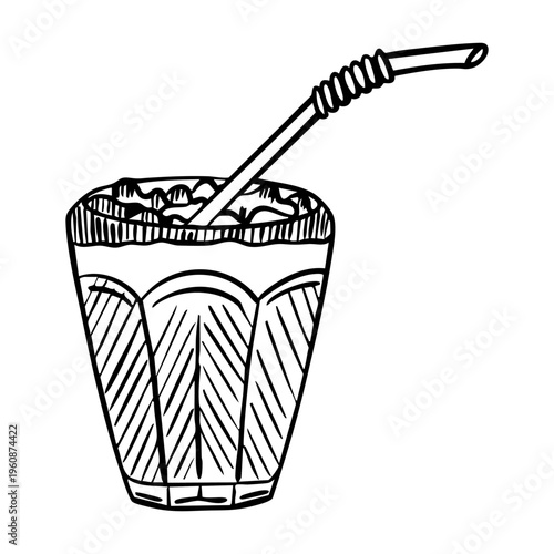Hand drawn vector illustration of a glass with a straw, black line