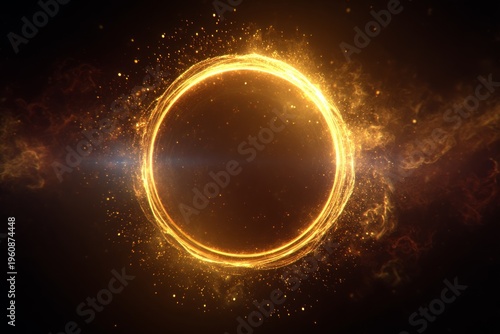 Glowing circular orange energy ring with sparks and particles in dark space