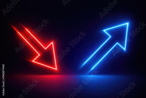 Opposite neon arrows in red and blue showing divergence concept