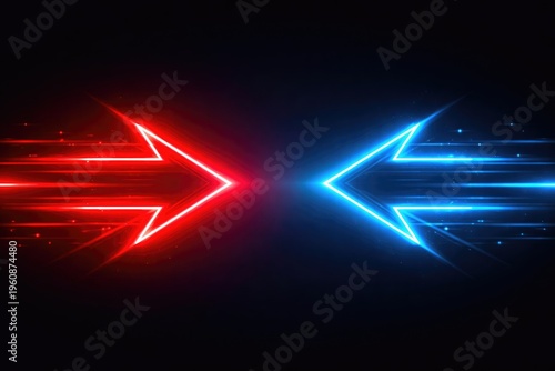 Red and blue neon arrows moving towards each other on dark background
