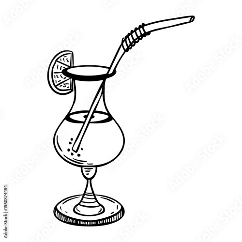 Hand drawn vector illustration of a glass with a cocktail and a straw, black line