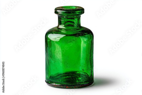 Vintage green glass bottle with cork stopper on white background