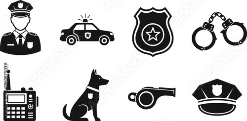 Professional Police Department Vector Icon Set Featuring Officer Avatar Patrol Car Badge Handcuffs Radio K9 Unit Whistle And Uniform Hat Symbols