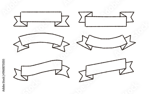 Set of hand-drawn ribbon banner templates. Minimalist black line sketch of various blank paper scrolls and flags with rough pencil texture on white background for DIY design and notes.