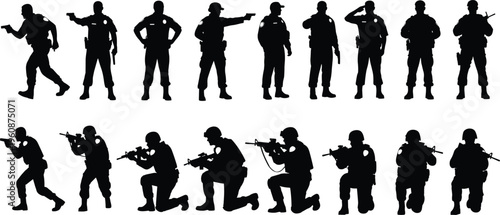 Large Collection of Tactical Police and Military Soldier Silhouettes in Various Poses Including Standing Kneeling Aiming Rifles and Saluting Actions
