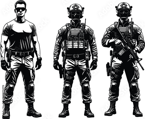 Professional Special Forces Soldier Trio Vector Silhouette Set Featuring Mercenary Private Security Contractor And Fully Equipped Tactical Swat Team Members