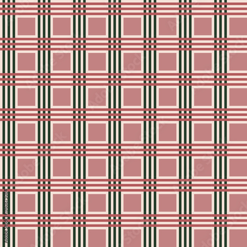 Seamless pattern of muted rose and green plaid. Traditional geometric tartan check vector illustration with pink, red, and dark green lines for vintage fashion, textiles, and wallpaper design.