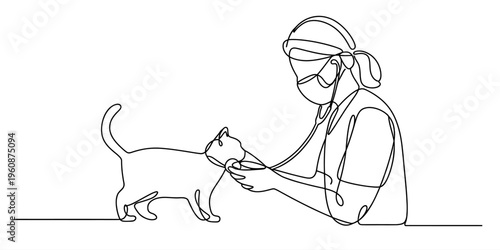 One line art illustration of a female vet wearing a face mask and using a stethoscope on a cat.