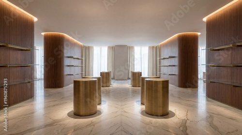 Minimalist showroom interior with wooden panels, marble floor, glass shelves, and metallic display pedestals. Elegant modern space for premium product presentation and luxury retail design