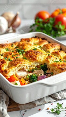 A white baking dish containing a savory casserole (1)
