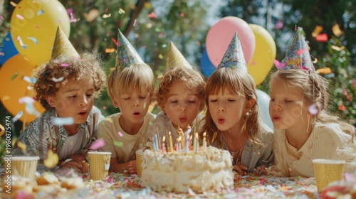 Wallpaper Mural Birthday celebration theme for party event. A group of children blowing out candles on a birthday cake surrounded by colorful confetti and balloons. The cake is adorned with lit candles, glasses. Torontodigital.ca