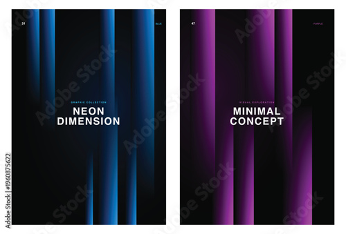 dark neon poster background vector background with black teal blue and purple glowing vertical lines. This sleek minimalist vector illustration set provides elegant layouts for cyberpunk branding. 