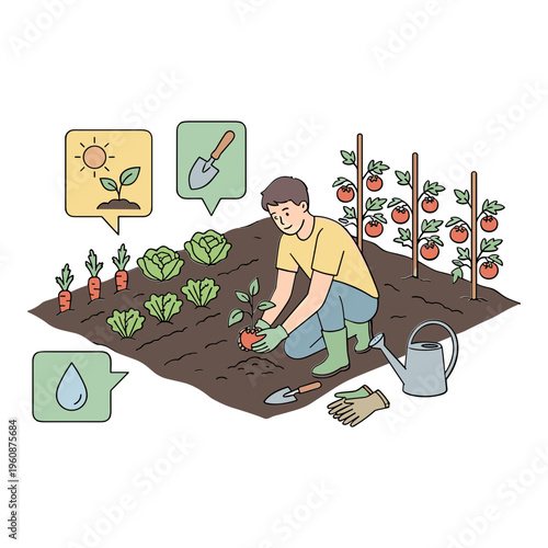 Man gardening in a lush vegetable garden with tomato plants and tools