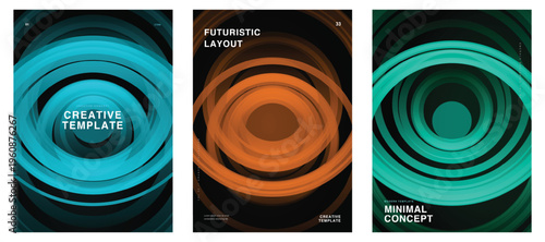 Creative cover design templates present glowing 3D concentric circles forming deep optical illusions. This vibrant abstract vector graphic collection elevates electronic music flyers. 