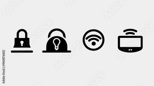 Four black digital icons, depicting a padlock, lit lock, wifi signal and a device with signal