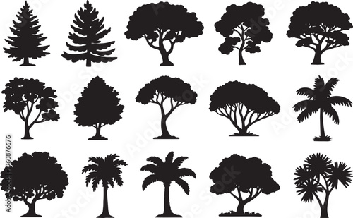 Collection of various tree silhouettes including palm trees and conifers