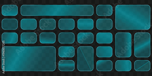Set of glowing turquoise glass buttons and ui elements with rounded corners, isolated on a dark transparent background.