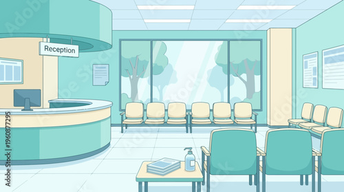 Modern Empty Hospital Clinic Waiting Room with Reception Desk Interior Design