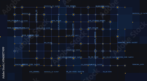 Abstract EPS vector illustration template for tech web banners. Futuristic data screen background. Dark blue glowing grid network layout. Orange node UI dashboard graphics. 