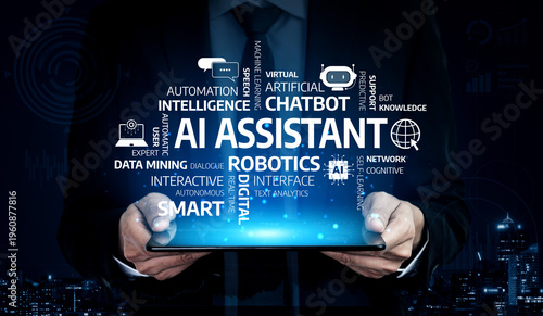 Tableau sur toile A business professional presents a tablet showcasing digital terminology related to AI and automation, symbolizing the future of technology and innovation in urban landscapes