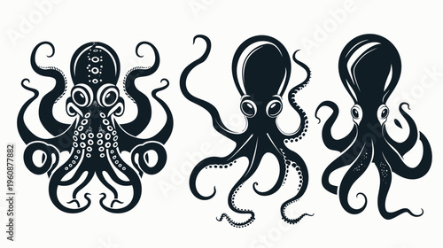 Three stylized, dark-colored octopus illustrations, with varying poses, against a stark white background