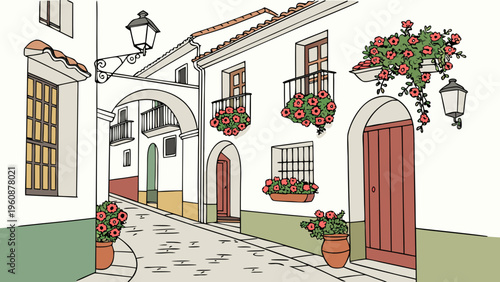 Andalusian Street Arches Flower Pots Flat Vector
