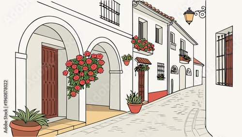 Andalusian Street Arches Flower Pots Flat Vector