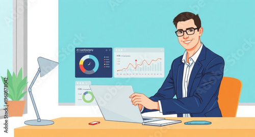 Professional executive in a corporate suit sitting at an office desk working on a laptop computer with documents and technology in a modern workplace