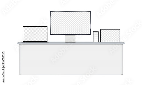 Electronic display set. 3d mockup. Laptop, PC monitor, smartphone, digital tablet with blank transparent screens standing on table. Realistic vector mock-up. Template for design. Easy editable