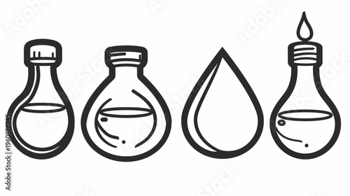 A collection of simple black-and-white line drawings bottles, flasks and a water drop