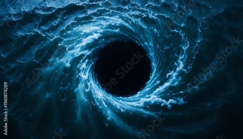 Dark blue swirling ocean wave forming a vortex with a black hole-like center in the deep sea with a mysterious and ominous mood.