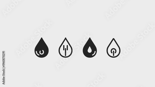A minimalistic depiction featuring four stylized water droplets with varied internal designs