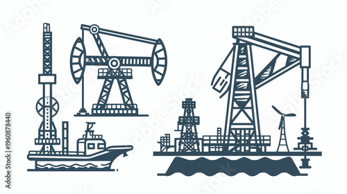 Vector illustration of various oil and gas industry components, including offshore rigs and pump jacks