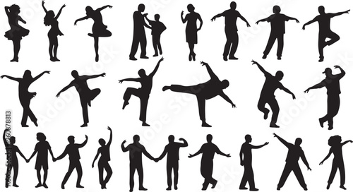 Collection of black silhouettes of people dancing together freely