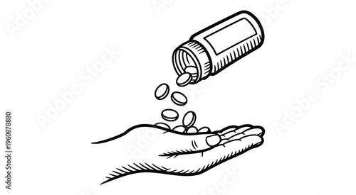Pills pouring from bottle into open hand line art, illustrating medication dosage, prescription use and drug administration for medical applications.