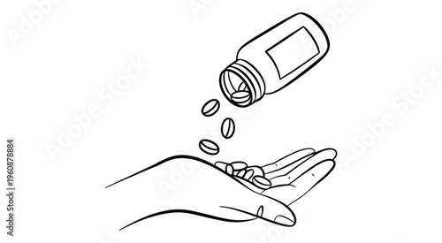 Pills pouring from bottle into open hand line art, illustrating medication dosage, prescription use and drug administration for medical applications.