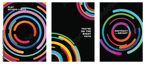 Abstract radial line graphics display dynamic circular arcs poster in playful bright colors. A vibrant vector illustration set perfect for modern entertainment and music event branding. 
