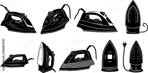 Modern Steam Iron and Vertical Steamer Icon Set - Smart Laundry Appliance and Clothing Care Vector
