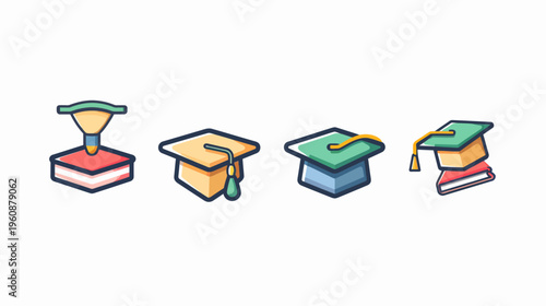 Flat illustration featuring a stack of books and various graduation caps, with minimalist design